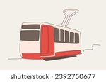 Color illustration of a tram. Tram one-line drawing