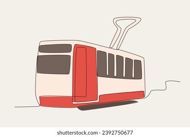 Color illustration of a tram. Tram one-line drawing