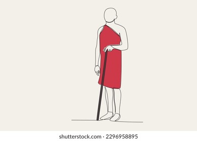 Color illustration of a tribal Masai man holding a stick. Africa tribe one-line drawing