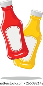 Color illustration of two bottles with sauces, red with ketchup and yellow with mustard, both with blank labels, without background