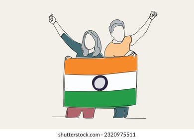 Color illustration of two friends holding Indian flags. India independence day one-line drawing