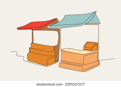 Color illustration of two hawker outlets. Night market one-line drawing
