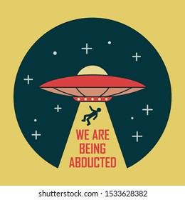 Color illustration of a UFO star. Cosmos ray with man and text. Vector illustration on the theme of space and ufo