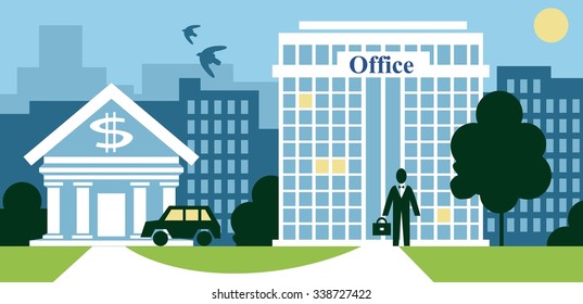 Color illustration of urban life with an office, a bank and a businessman