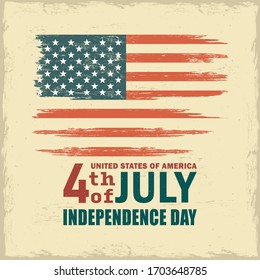 Color illustration of the USA flag and text on a background with a grunge texture. Vector illustration on the theme of independence and democracy in the USA in vintage style. US Independence Day.