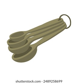 A color illustration of various silicone measuring spoons fastened with a ring, highlighted on a white background. Vector illustration of kitchen utensils for measuring the proportions of metered