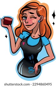 color illustration in vector, a red-haired girl a hairdresser, winks and holds a hair product in one hand, has hair scissors with her