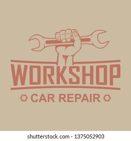 Color illustration in vintage style advertising car repair. Hand holds key and text.