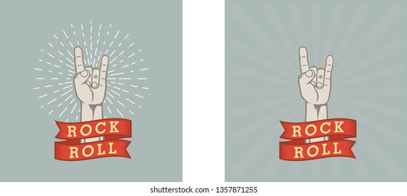 Color illustration in vintage style rocker gesture banner with text and rays