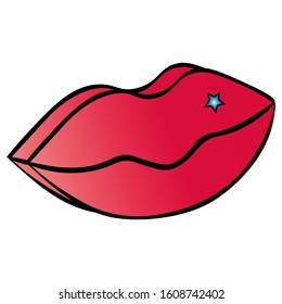 Color illustration of voluminous plump lips. Air kiss. Decoration in the form of a star. Idea for stickers, stickers. Vector. Colorless background. Illustration for Valentine day. Festive print.