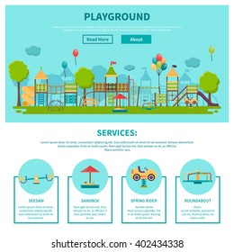 Color illustration web site page about outdoor games showing different playground services seesaw sandbox spring rider roundabout vector illustration