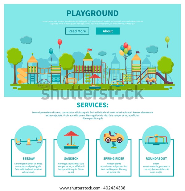 Color illustration web site page about\
outdoor games showing different playground services seesaw sandbox\
spring rider roundabout vector\
illustration