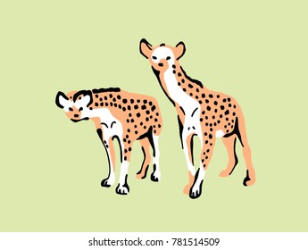 Color illustration well suited for an advertising poster of safari park. In the illustration two hyenas with interest looking at a safari park visitors.