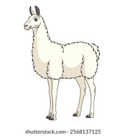 Color illustration with white llama, alpaca. Isolated vector object on a white background.