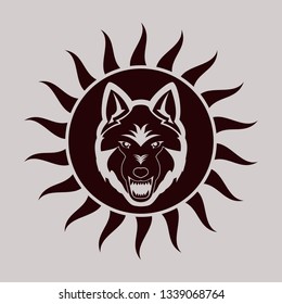 Color illustration of a wolf with a grin the sun on a light background