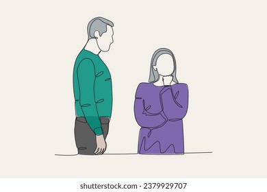 Color illustration of a woman angry with her partner. Relationship problem one-line drawing