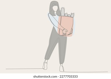 Color illustration of a woman carrying shopping bags. Grocery shopping one-line drawing