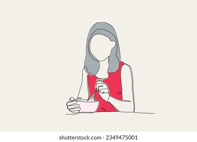 Color illustration of a woman eating breakfast. Morning activities one-line drawing