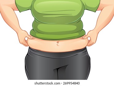 Color Illustration Of Woman Grabbing Her Fat On The Stomach.