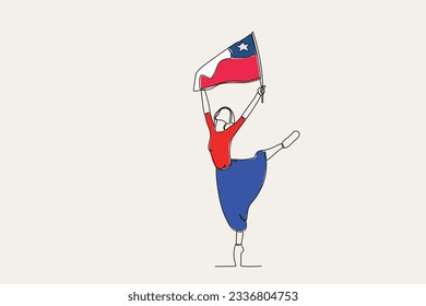 Color illustration of a woman holding up the Chilean flag. Fiestas patrias chile