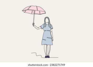 Color illustration of a woman holding an umbrella. Umbrella one-line drawing