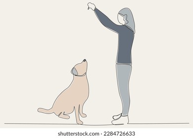 Color illustration of a woman playing with her dog. Walking or playing with dog one-line drawing
