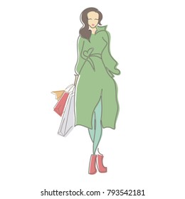 Color Illustration of woman's silhouette with shopping bags. Vector illustration