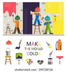 Color illustration of workers paint the wall