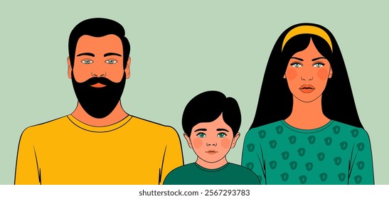 Color illustration of a young family with a little boy. Married couple with a child. Cartoon style. Vector illustration