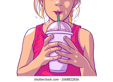 Color illustration of young girl with blonde hair and pink dress drinking juice, soft drink from plastic cup with straw