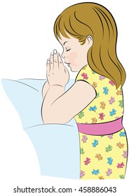 Color illustration of a young girl wearing pajamas, kneeling beside her bed with her hands together saying her bedtime prayers.