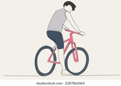 Color illustration of a young man sitting on a bicycle. World bicycle day one-line drawing