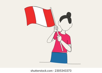 Farbillustration für eine junge Frau, die eine peruanische Flagge hält. Fiestas patrias peru 1-zeilige Zeichnung