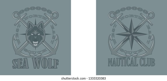 Color illustrations of an anchor with text wolf and lodestar