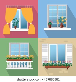 color illustrations with different flowers, balcony, inside and outside