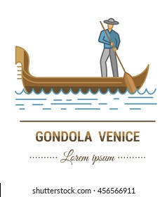Color illustrations and flat linear design. Templates, logo and mark of gondola and gondolier in Venice with vintage elements. Easy to use business. Vector abstract logo or emblem.