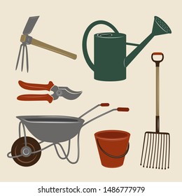 Color illustrations of garden tools: garden cutter, potato fork, bucket, watering can and wheelbarrow.