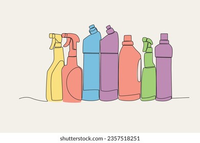 Color illustrations of various detergents and spray bottles. Cleaning supplies one-line drawing