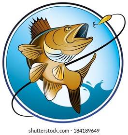 A Color Illustration/symbol Of A Fresh Water Fish Jumping Out Of Water To Catch A Bait.