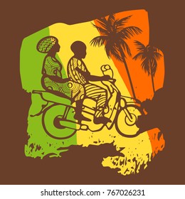 A color image of the African flag of Mali with street motorcyclists and palm trees. Vector image painted with hands.
