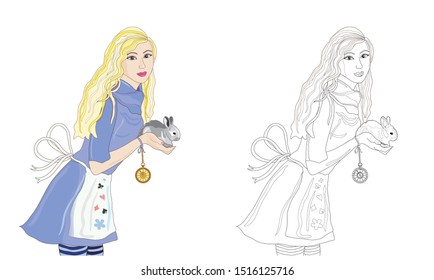 Color the image of Alice in Wonderland with a rabbit in her arms and an antique clock in her hand. Kids game. Costume party. Vector image.