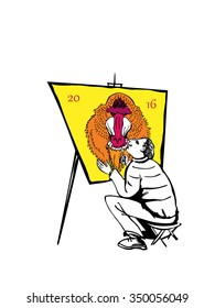 color image of the artist drawing a monkey