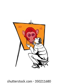 color image of the artist drawing a monkey
