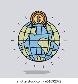 color image background with money box in globe earth world shape with golden coin vector illustration