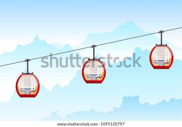 Color image of a cable car in the mountains.\
Three bright cabin cable car in Cartoon style on nature background.\
Vector illustration