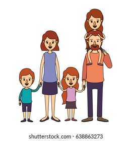 color image caricature big family parents with girl on his back and children taken hands vector illustration
