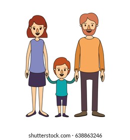 color image caricature family with father bearded and mom with short hair with little boy taken hands vector illustration