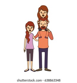 color image caricature family with mother and father with moustache and girl on his back vector illustration