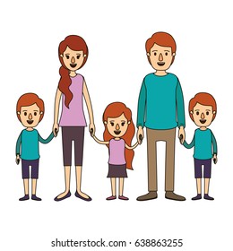 color image caricature family with young parents and little kids taken hands vector illustration