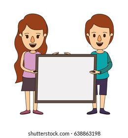 color image caricature full body couple holding a square poster vector illustration